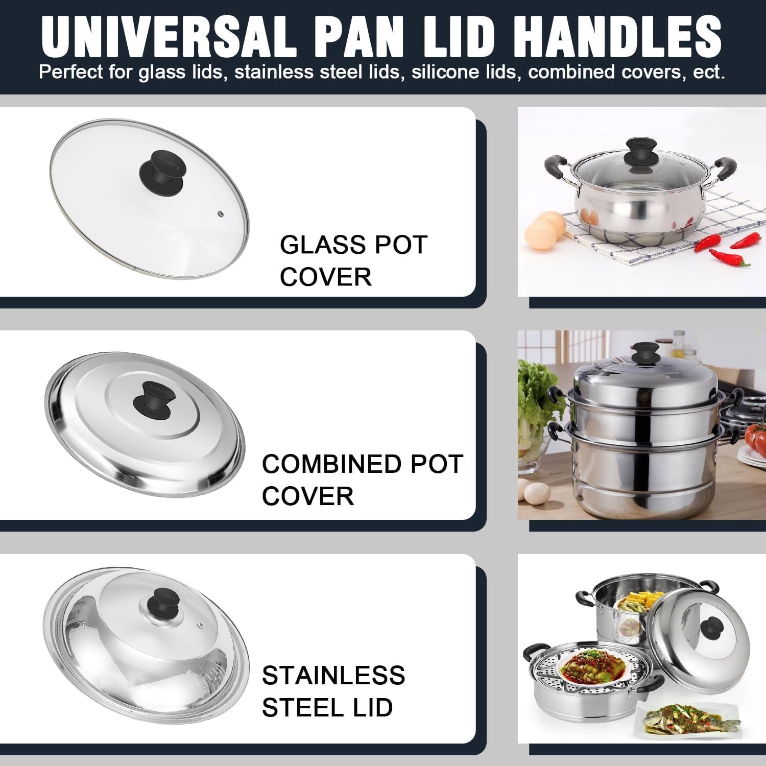 Universal Pot Lid Knob, Non-Slip Pot Lid Replacement Knobs with 3 Raised Coils, Heat Resistant Silicone Pan Lids Handle for Kitchen Cookware Lids, BPA Free and Dishwasher Safe