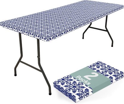 2 Pack 6 Foot Rectangle Picnic Tablecloth, Elastic Fitted Waterproof Table Cover, Windproof Washable Polyester Table Cloth for Camping, Indoor and Outdoor (Navy, 30" X 72")