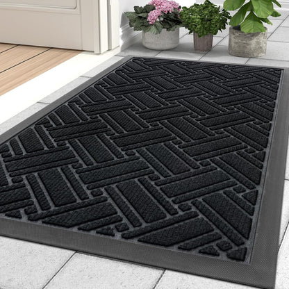 Indoor Outdoor Mat, Sturdy Natural Rubber Floor Mat, Non Slip Low Profile Waterproof Doormat, and Stain Front Door Mats, Easy Clean Patio Entrance Mat, 30''X17'', Black