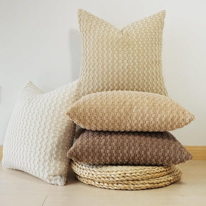 Pack of 4 Neutral Decorative Throw Pillow Covers Farmhouse Boho Home Decor Striped Corduroy Square Pillowcases 18 X 18 Inch Beige Chocolate