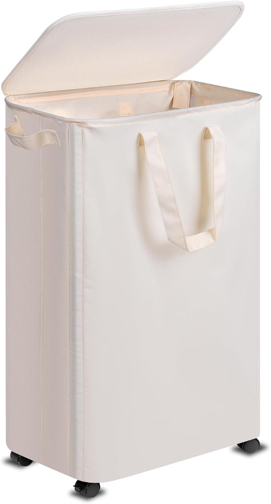 Slim Laundry Hamper with Lid and Wheels, Small Rolling Laundry Basket with Handle for Small Spaces, Tall Dirty Clothes Hampers for Dorm, Bathroom and Bedroom, 75L, Beige