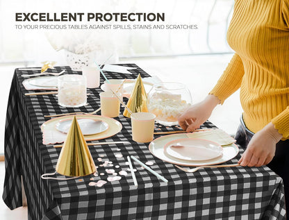 Plastic Table Cloth Disposable (12 Pack - 54X108 Inch) Black Check Rectangle Tablecloth Waterproof Stain Resistant Party Table Cover