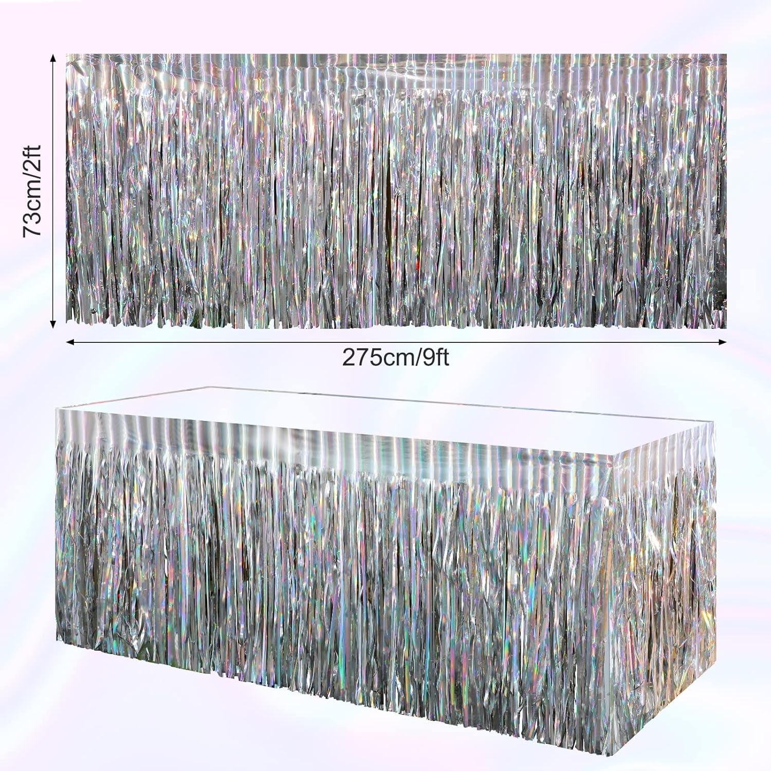 2 Pack Iridescent Table Skirt, Metallic Foil Fringe Tinsel Table Skirts for Rectangle Tables, Disposable Laser Rainbow Table Skirt Iridescent Party Decorations for Birthday Wedding Holiday, 29X108Inch