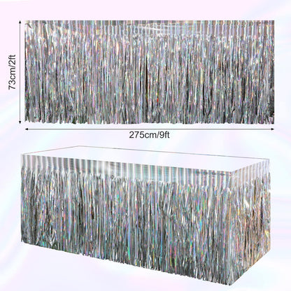 2 Pack Iridescent Table Skirt, Metallic Foil Fringe Tinsel Table Skirts for Rectangle Tables, Disposable Laser Rainbow Table Skirt Iridescent Party Decorations for Birthday Wedding Holiday, 29X108Inch