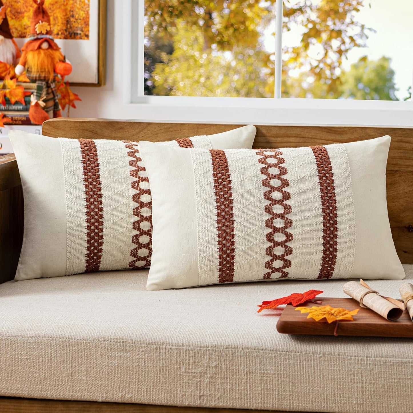 Set of 2 Rust Fall Decorative Lumbar Pillow Covers 12X20 Inch Farmhouse Rustic Boho Couch Throw Pillows Modern Cotton Cushion Covers Retro Cute Macrame Woven Home Decor for Bed Sofa Chair