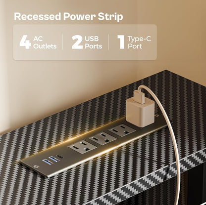 47-Inch Carbon Fibre Black Computer Desk with 4 Drawers, LED Lighting, and Power Outlets - Ideal for Home Office and Gaming with Ample Storage Space