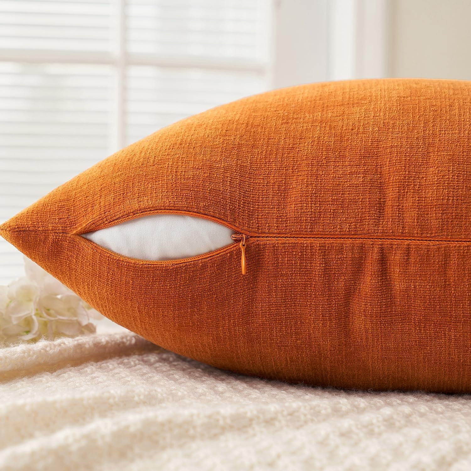 Orange Couch Pillow Covers 18X18 Inch, Set of 2 Soft Chenille Fall Decorative Square Throw Pillow Covers Farmhouse for Sofa Living Room Bed