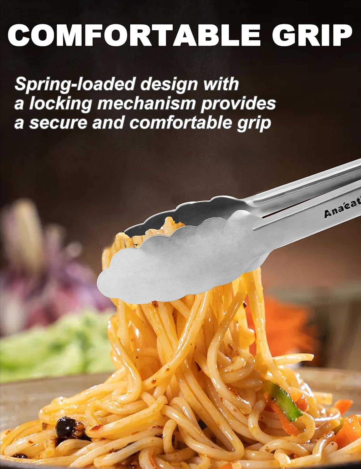 7" Mini Cooking Tong Stainless Steel - Sturdy Coiled Spring Locking Kitchen Food Tong with Non-Slip Silicone Grip for Serving, Cooking, Baking - Heat Resistant up to 480°F (Black)