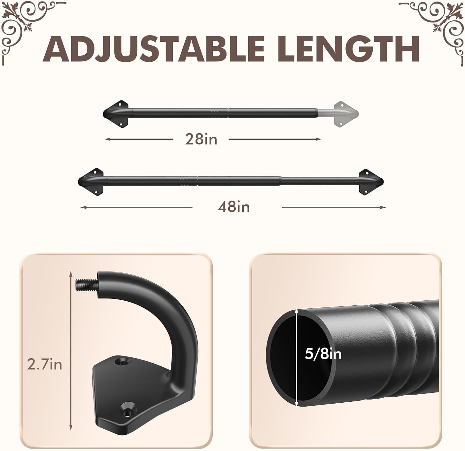 Curtain Rods, No Rust Adjustable Blackout Drapery Rods, 5/8 Inch Diameter Wrap around Curtain Pole for Windows, Ideal for Bedroom, Outdoor (28-48 Inch, Black)