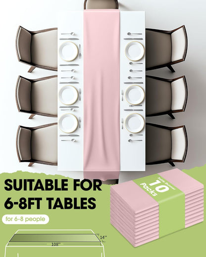 Dusty Pink Plastic Table Runners - 10 Pack, 14'' X 108'', Water Resistant & Disposable Centerpiece Decorations for Table Cloth, Wedding, Birthday, Holiday, Baby Shower, Party, Home Decor