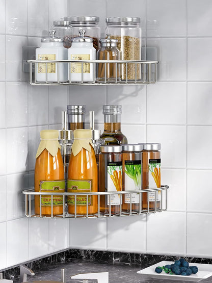 2-Pack Corner Shower Caddy, SUS304 Stainless Steel, Wall Mounted Bathroom Shelf with Adhesive, Storage Organizer for Toilet, Dorm and Kitchen (Silver)