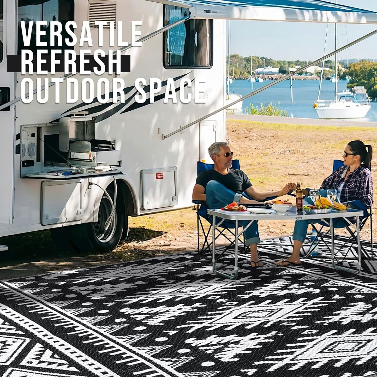 Outdoor Rug Waterproof 5X8 Ft, Reversible Outdoor Plastic Straw Rug, Boho Patio Rug, Indoor Outdoor Carpet, RV Mat outside for Patio, Camp, Picnic, Balcony, Deck, Backyard, Black & White