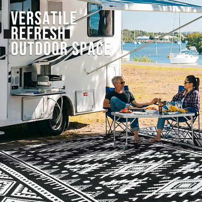 Outdoor Rug Waterproof 5X8 Ft, Reversible Outdoor Plastic Straw Rug, Boho Patio Rug, Indoor Outdoor Carpet, RV Mat outside for Patio, Camp, Picnic, Balcony, Deck, Backyard, Black & White