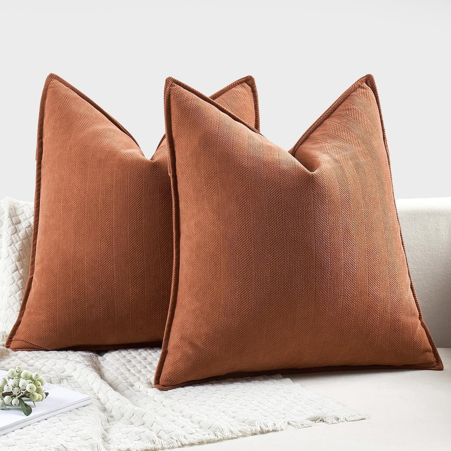 Pack of 2 Burnt Orange Decorative Pillow Covers 18X18 Inch Fall Soft Chenille Luxurious Couch Throw Pillows Farmhouse Cushion Covers with Elegant Design for Sofa Bedroom Living Room Home Decor