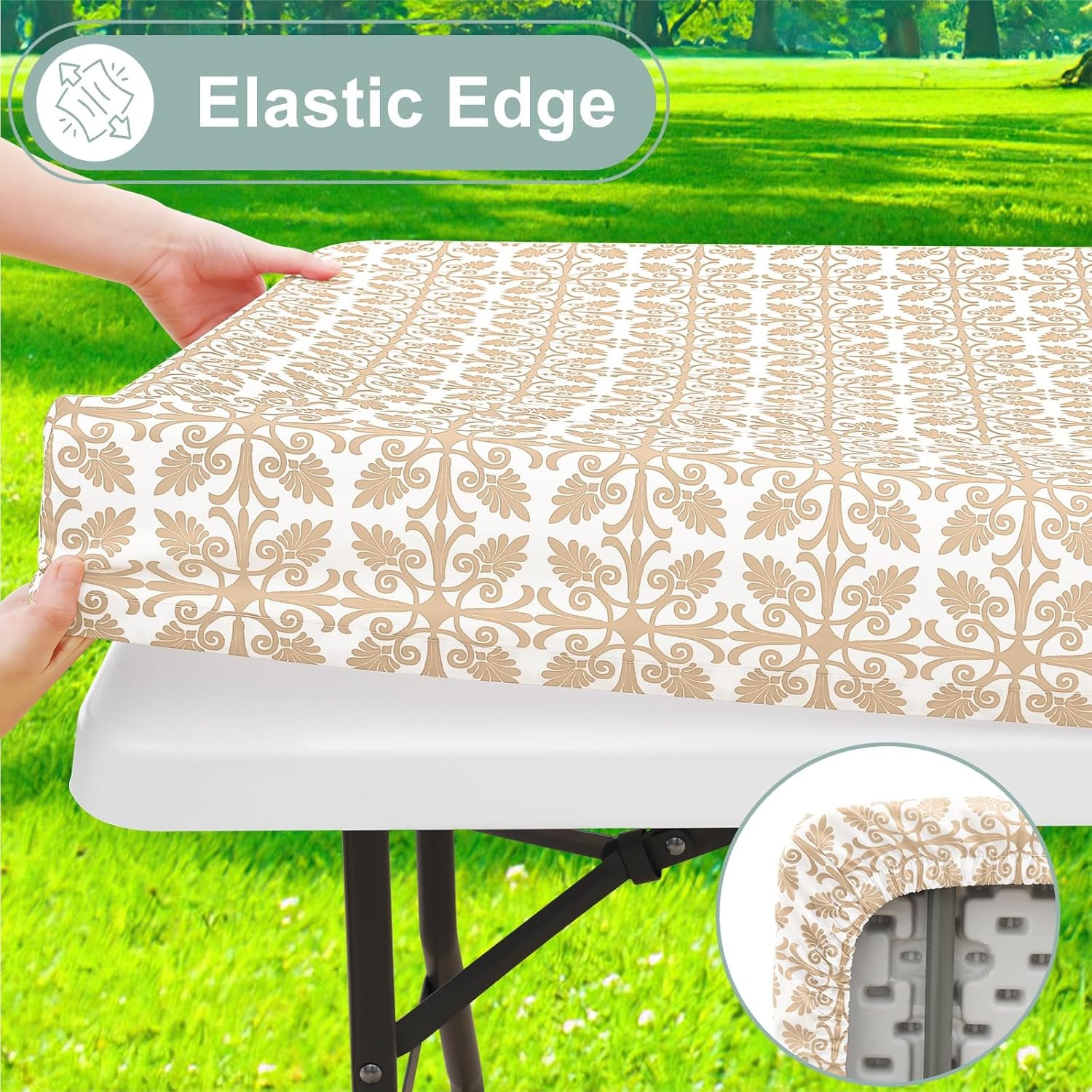 2 Pack 6 Foot Rectangle Picnic Tablecloth, Elastic Fitted Waterproof Table Cover, Windproof Washable Polyester Table Cloth for Camping, Indoor and Outdoor (Khaki, 30" X 72")