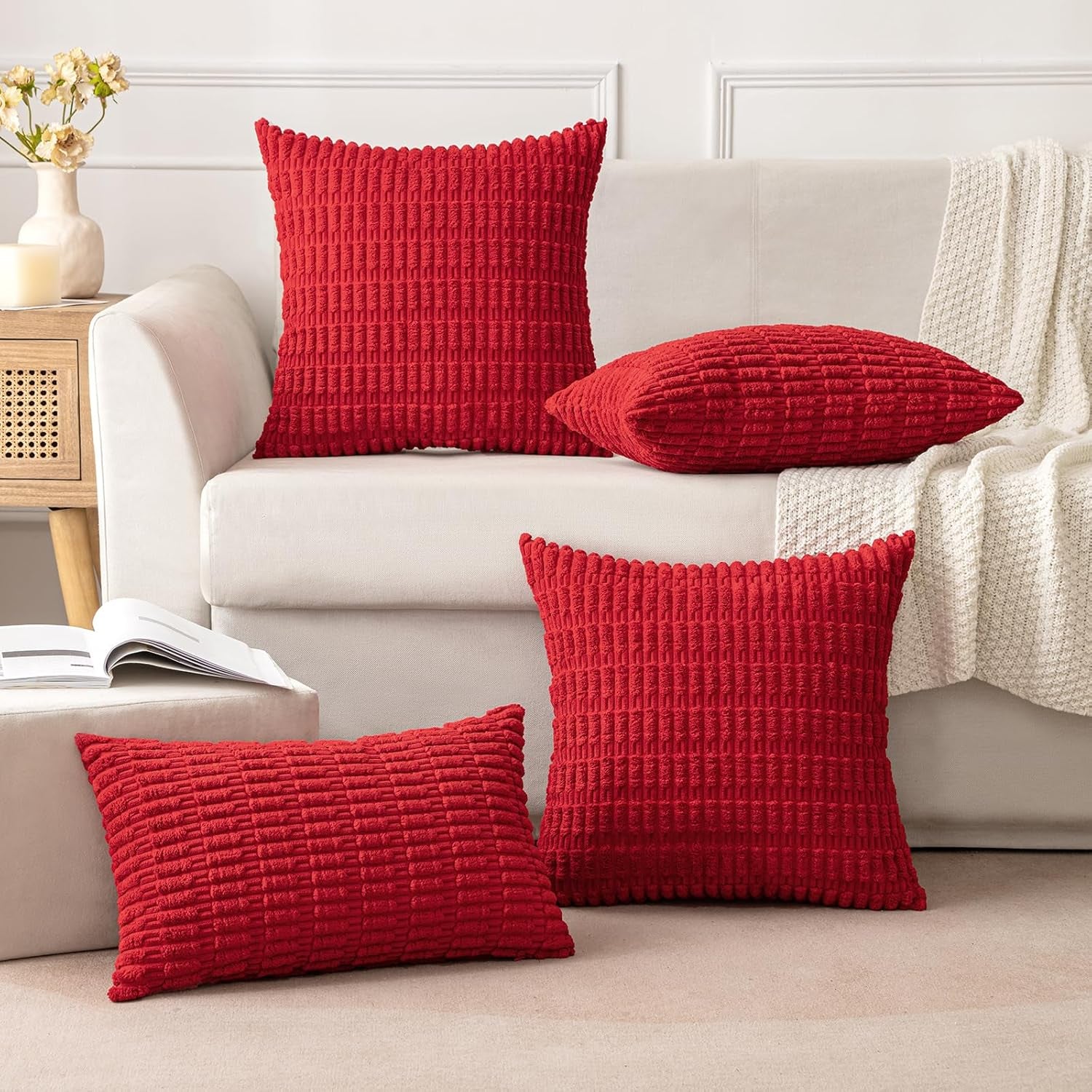 Pack of 2 Christmas Red Corduroy Decorative Pillow Covers 18X18 Inch Soft Boho Striped Throw Pillow Covers Modern Farmhouse Home Decor for Sofa Living Room Couch Bed