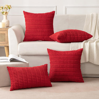 Pack of 2 Christmas Red Corduroy Decorative Pillow Covers 18X18 Inch Soft Boho Striped Throw Pillow Covers Modern Farmhouse Home Decor for Sofa Living Room Couch Bed