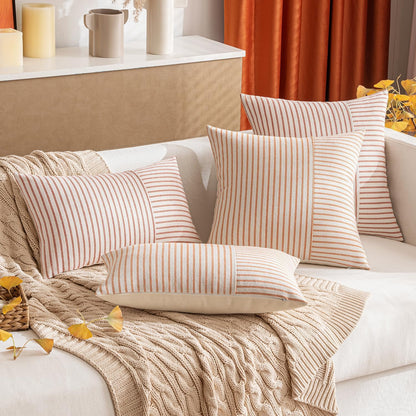 Fall Rust and Beige Patchwork Farmhouse Pillow Covers 18X18 Inch, Pack of 2 Striped Linen Decorative Modern Accent Pillow Cases for Sofa Couch Bedroom