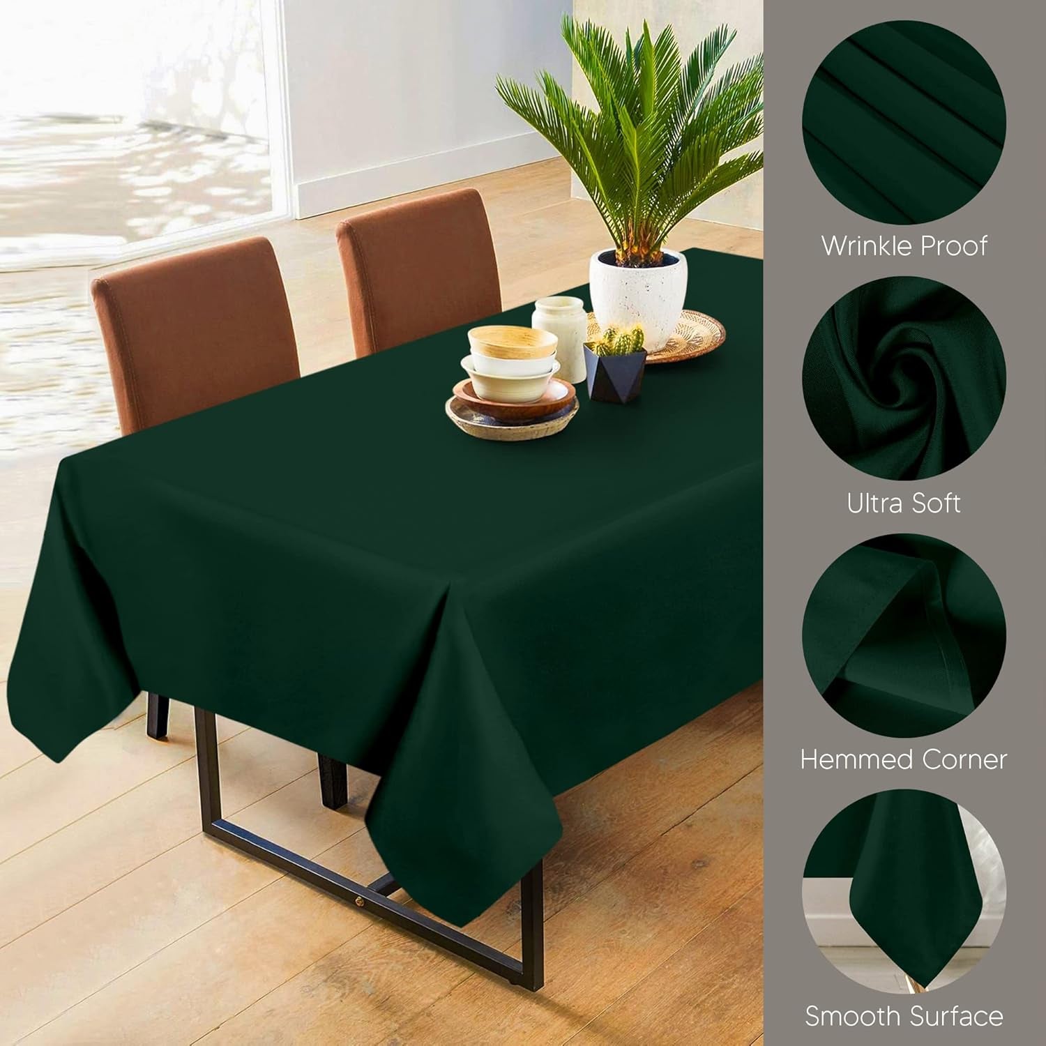 2 Pack 6 Foot Rectangle Table Cloth [60X102 Inches, Hunter Green] Stain and Wrinkle Resistant Tablecloth Washable Polyester Cover for Dining, Buffet Parties, Picnic and Weddings