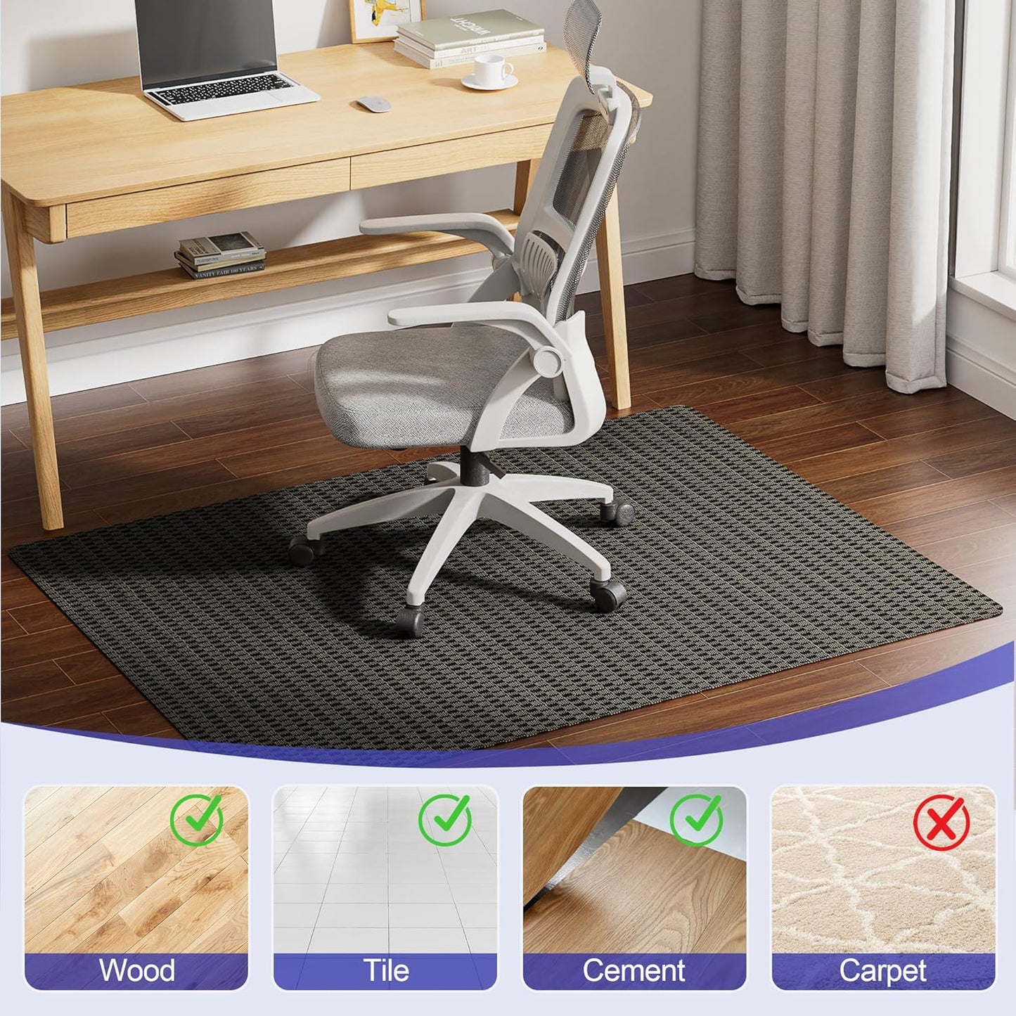 Office Chair Mat for Hardwood Floor, 48"×36" Heavy Duty Hard Floor Protector for Chairs, Anti-Slip PVC Woven Computer Desk Chair Mat for Home Office, Black Brown