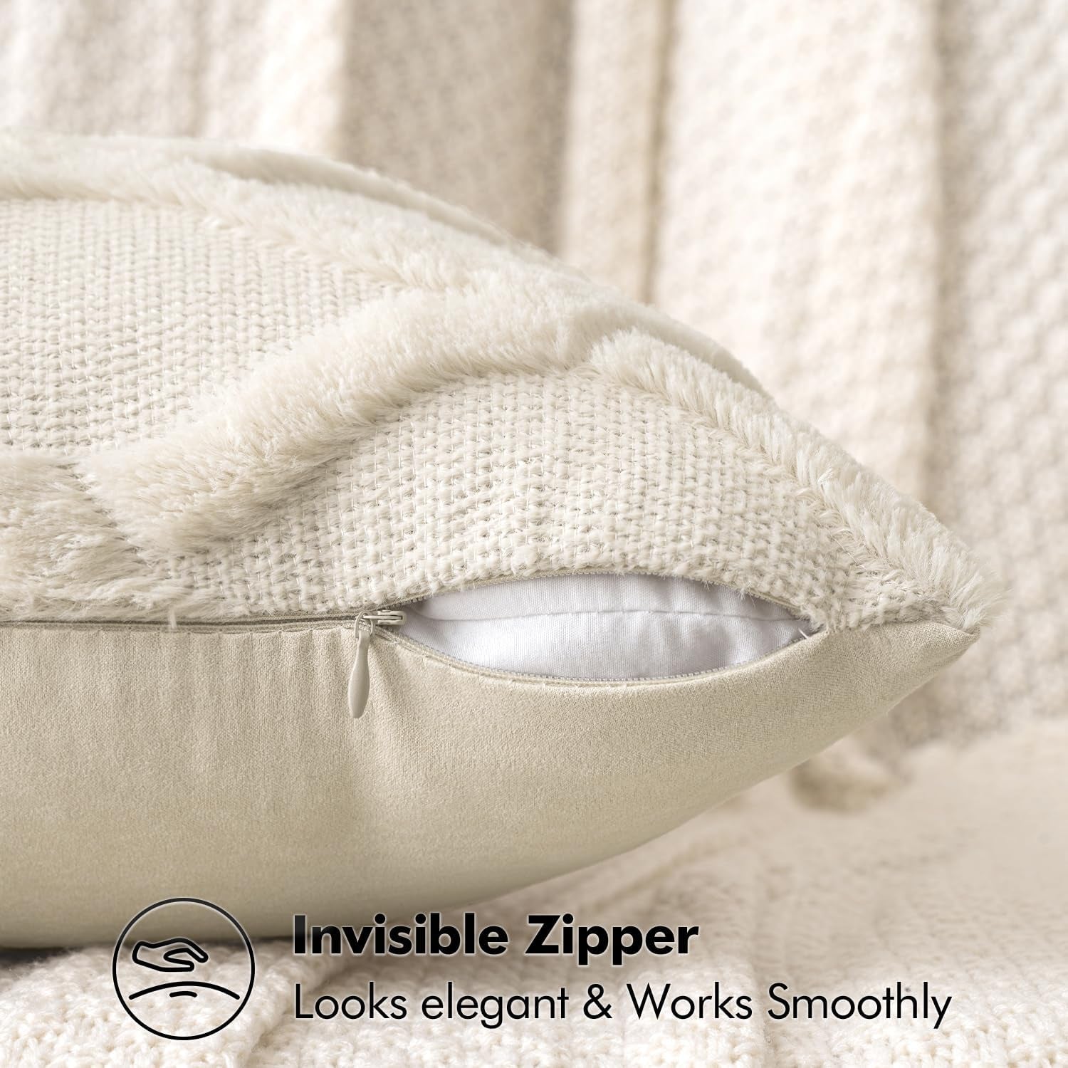 Spring Decorative Throw Pillow Covers Beige 18X18 Inch Set of 2, Soft Plush Faux Wool Couch Cushion Covers Farmhouse Throw Pillows for Couch Bed Sofa Living Room