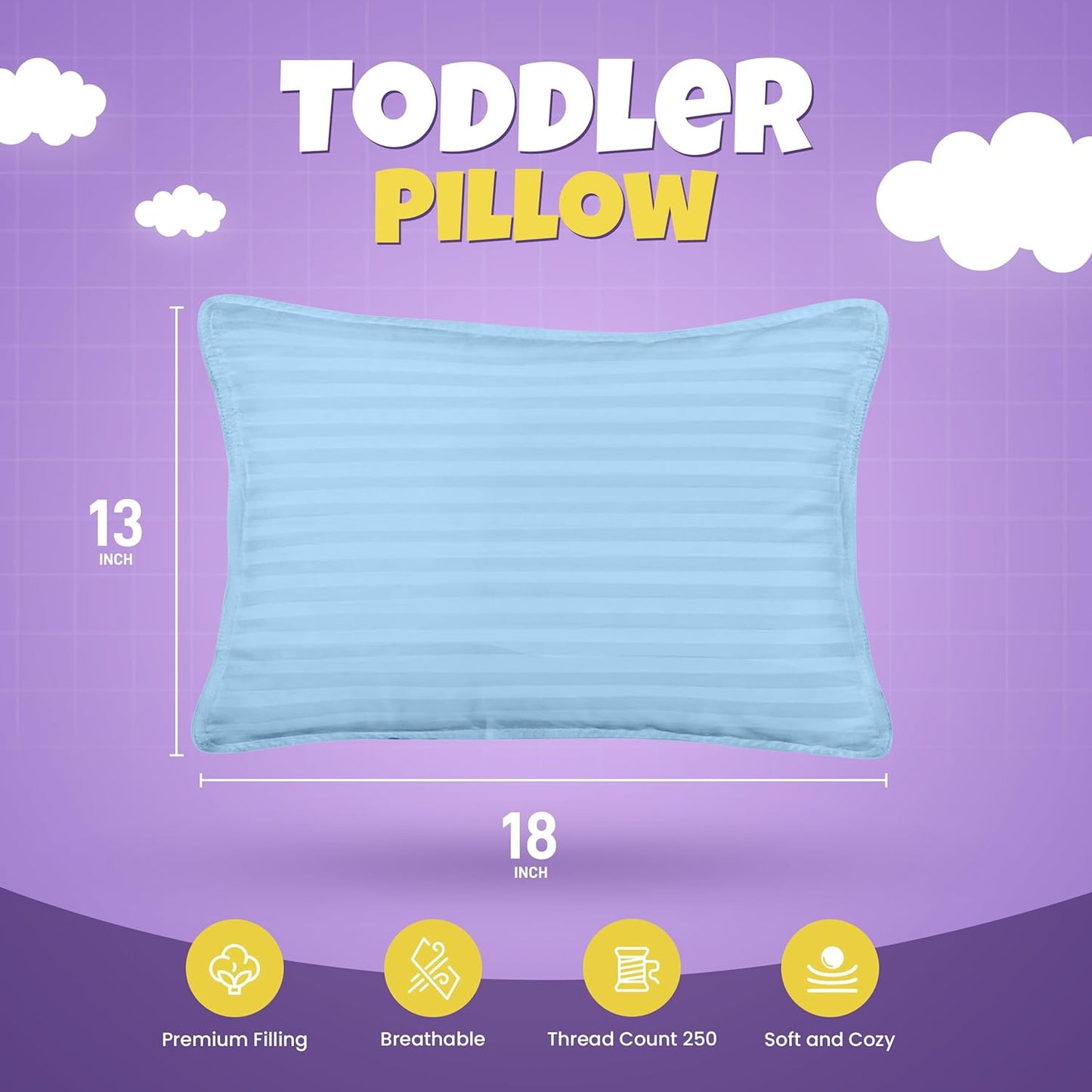 Toddler Pillow (Light Blue, 2 Pack) 13X18 Pillows for Sleeping, Soft and Breathable Cotton Blend Shell, Small Kids Pillow Perfect for Toddler Bed and Travel (Intended for Age 2 and Up)
