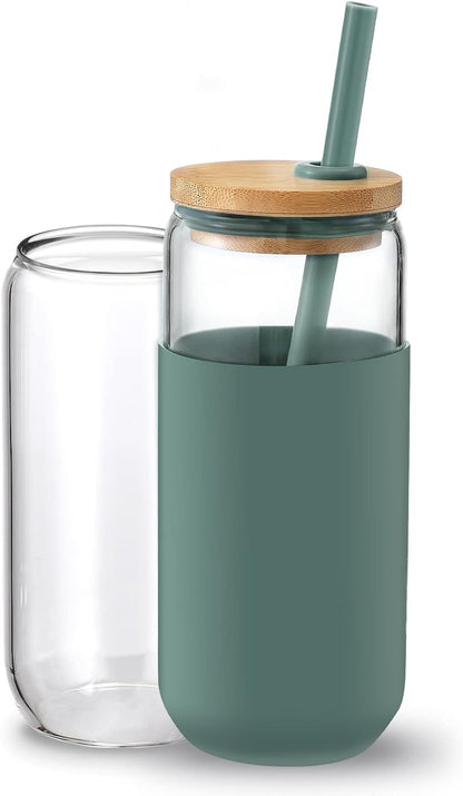 20Oz Glass Water Tumbler with Silicone Protective Sleeve - Beer Shaped Glass Cups with Straw and Bamboo Lid, Iced Coffee Glasses, Cute Drinking Glasses for Water, Smoothie, Gift - Cambridge Blue