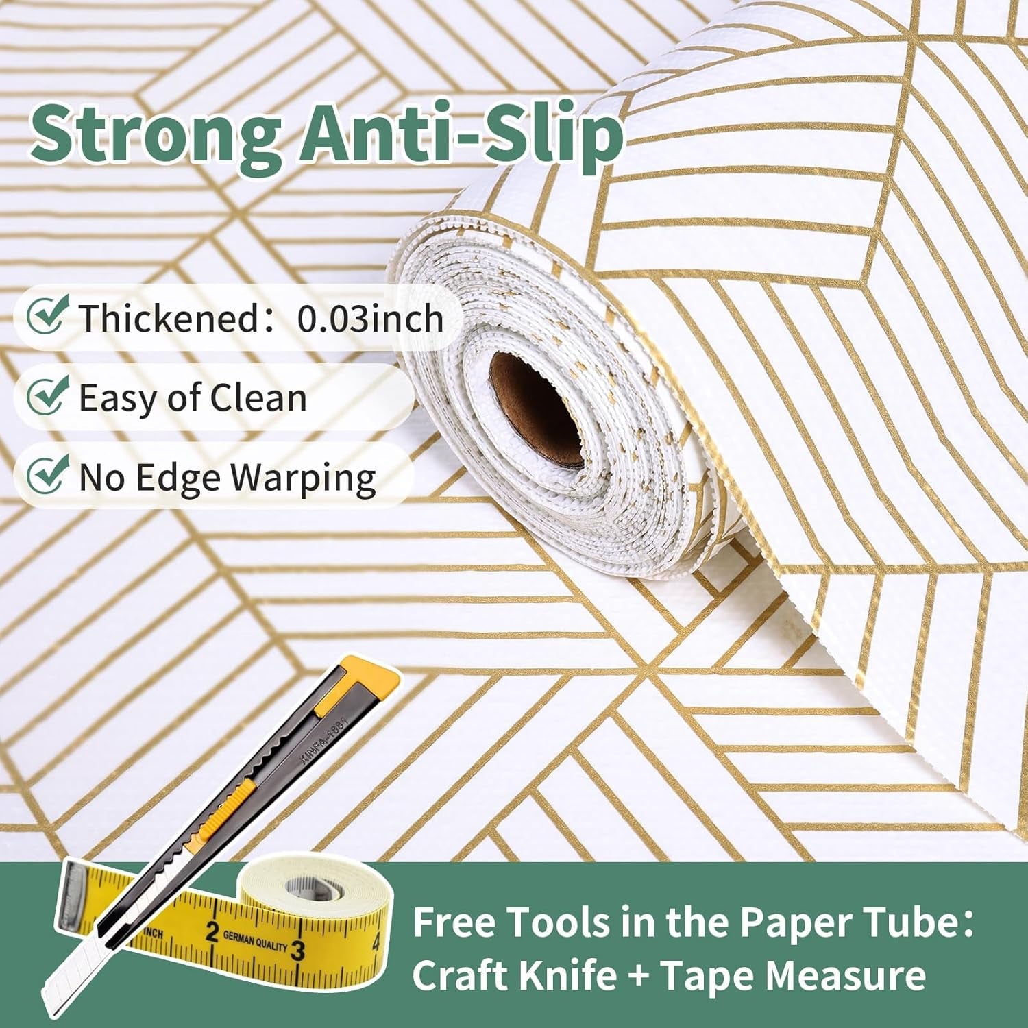 Gold and White Shelf Liners for Kitchen Cabinets Non Adhesive Cabinet Liner Strong Non-Slip Thickened Easy to Clean for Shelf Cabinet with Knife and Tape Measure