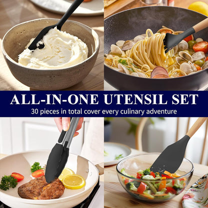 Kitchen Utensils Set - 30 PCS, Silicone Cooking Utensils Set with Holder, 446℉ Heat-Resistant Silicone Kitchen Utensils Set with Wooden Handle for Non-Stick Cookware, Black