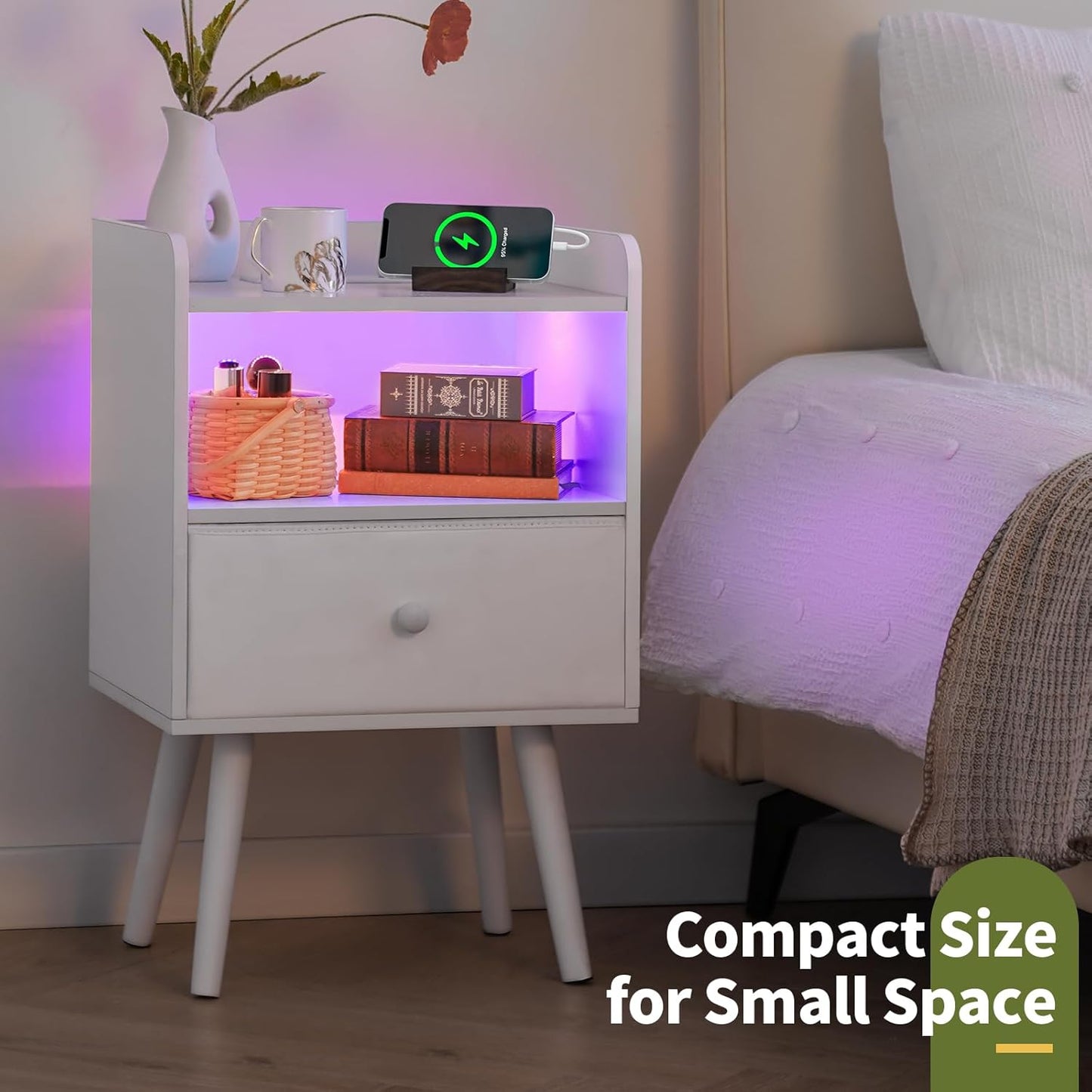 Nightstand with Charging Station, Modern Night Stand with LED Lights, Wood Nightstands with Fabric Drawer & Storage Shelf, Night Stands Bedside Table with USB Ports for Bedroom, Office, Home