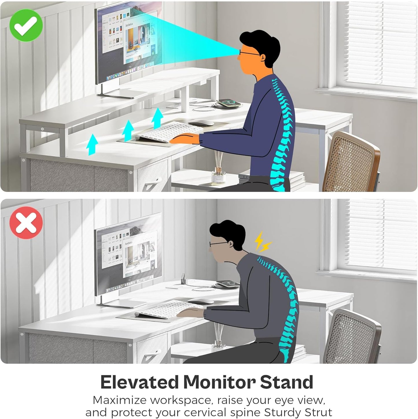 47-Inch Reversible L-Shaped Desk with LED Lighting and Power Outlets, Featuring Shelves, Monitor Stand, Drawer, and PU White Finish for Home Office and Gaming Use