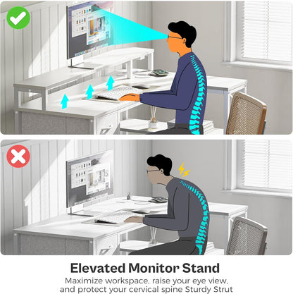 47-Inch Reversible L-Shaped Desk with LED Lighting and Power Outlets, Featuring Shelves, Monitor Stand, Drawer, and PU White Finish for Home Office and Gaming Use