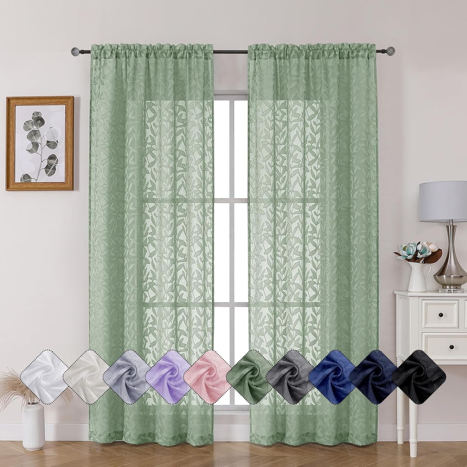 Sage Green Sheer Curtains 84 Inches Long 2 Panels Set, Light Filtering Soft Airy Leaf Elegant Sheer Curtains for Bedroom Living Room, 42Wx84L Inches, 2 Panels
