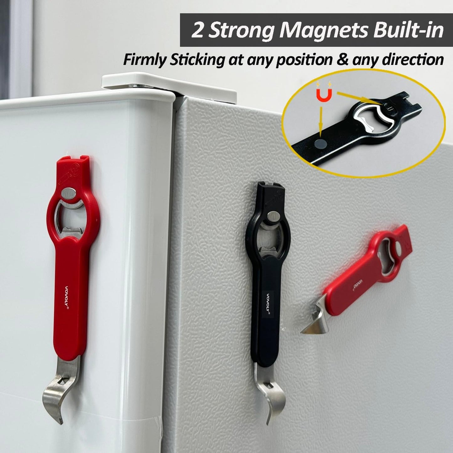 3-In-1 Magnetic Bottle and Can Opener for Refrigerator, Stainless Steel Manual Can Punch Opener for Liquid with Cap Catcher, Stick to Fridge for Easy Storage, Can Tapper Church Key with Magnet (Black)