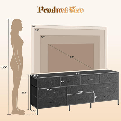63-Inch Versatile Dresser with 10 Fabric Drawers, Ideal TV Stand for 55 to 70 Inch TVs, and Toy Storage Organizer in Black