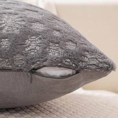 Christmas Grey Throw Pillow Covers Set of 2 Snowflakes Decorative Winter Couch Pillowcases 18×18 Inch Soft Plush Faux Fur Farmhouse Home Holiday Festival Decors for Sofa Living Room Bed