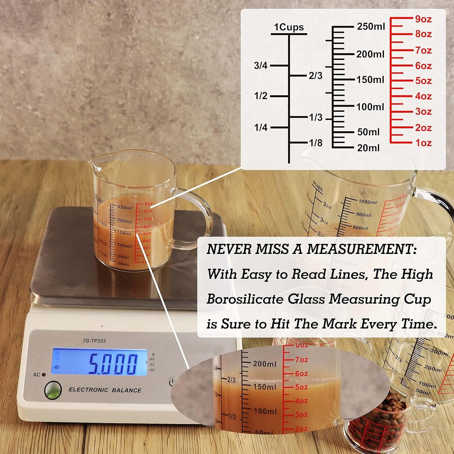 Glass Measuring Cup-[Insulated Handle | V-Shaped Spout]-Made of High Borosilicate Glass Measuring Cup for Kitchen or Restaurant, Easy to Read, 250 ML (8 Oz, 1 Cup)