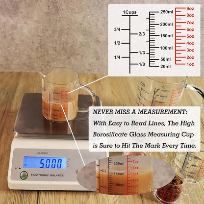 Glass Measuring Cup-[Insulated Handle | V-Shaped Spout]-Made of High Borosilicate Glass Measuring Cup for Kitchen or Restaurant, Easy to Read, 250 ML (8 Oz, 1 Cup)