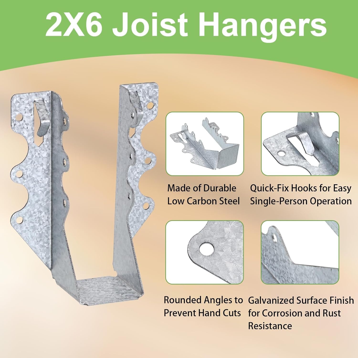 10-Pack 2x6 Steel Joist Hangers, 20-Gauge Galvanized Double Shear Face Mount Rafter Brackets for Wood, Hurricane Ties for Decks, Floors, Ceilings, and Pergolas