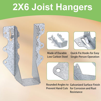 10-Pack 2x6 Steel Joist Hangers, 20-Gauge Galvanized Double Shear Face Mount Rafter Brackets for Wood, Hurricane Ties for Decks, Floors, Ceilings, and Pergolas