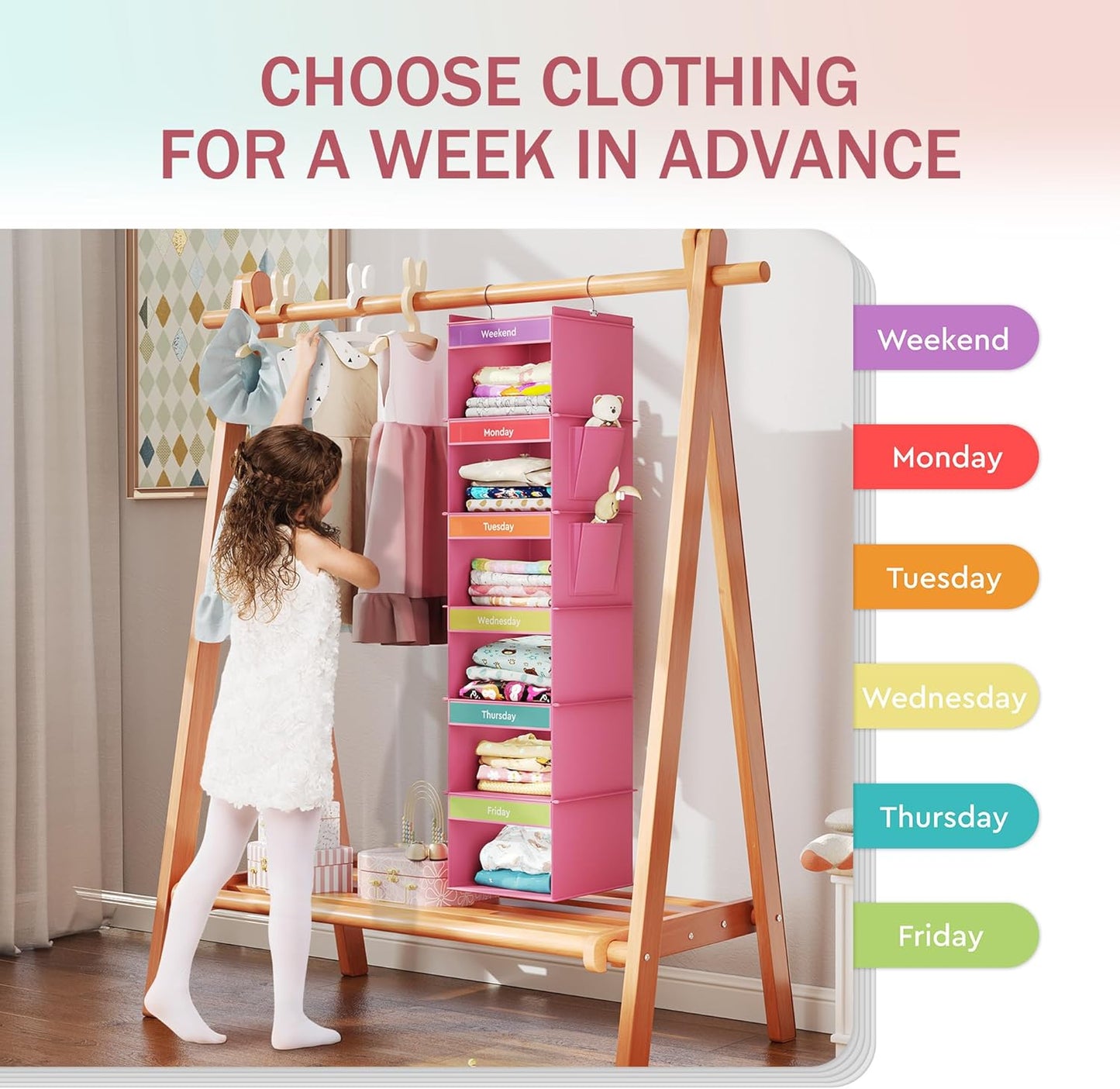 6-Shelf Weekly Hanging Closet Organizer, Weekly Clothes Organizers for Kids with 2 Side Pockets, Pink