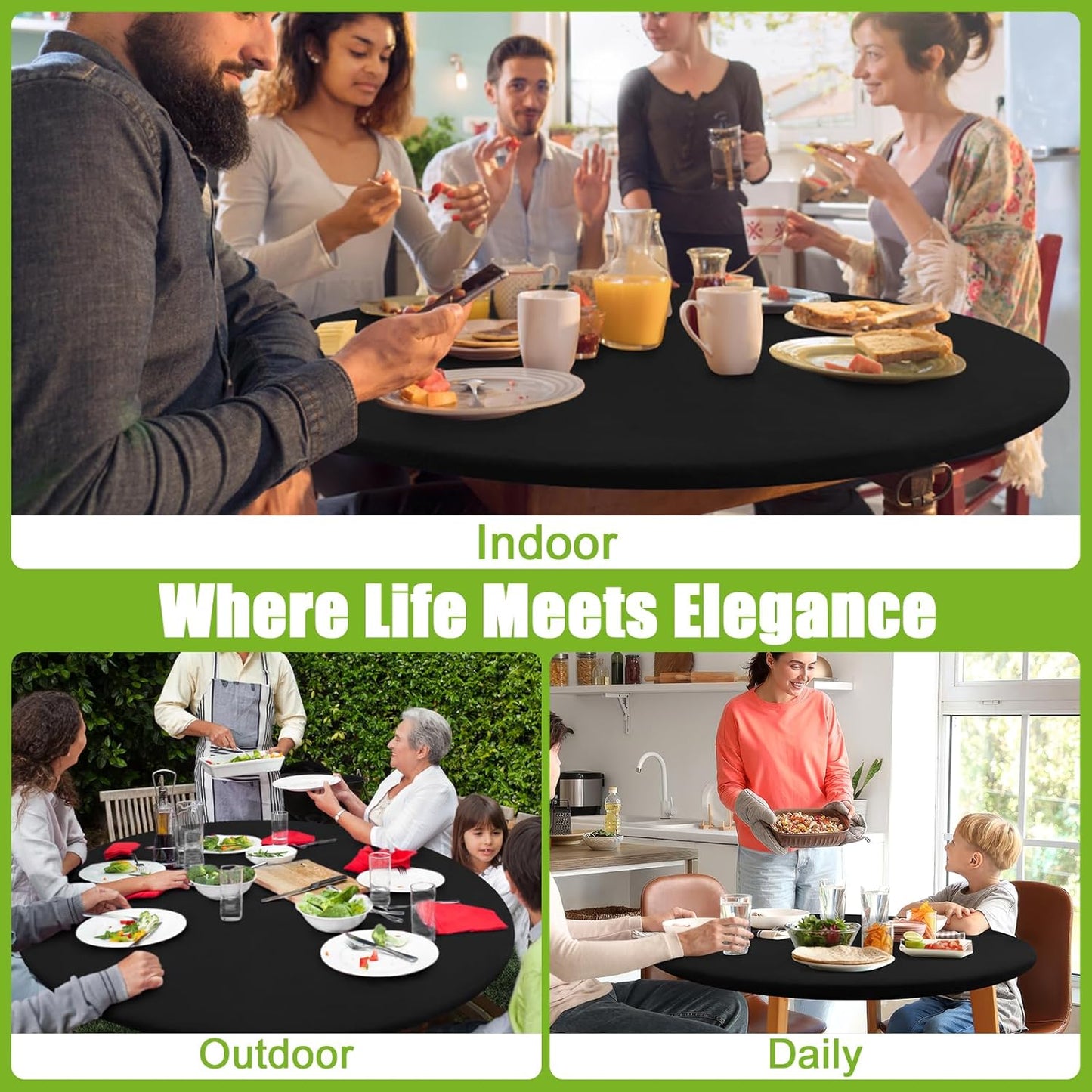 round Spandex Tablecloth, Elastic Fitted Washable Tablecloths for 36"-44" Tables, Waterpoof Stretch Picnic Table Cover for Dining, Indoor and Outdoor, Black