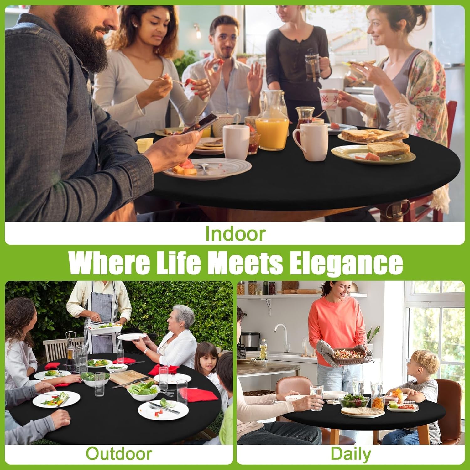 round Spandex Tablecloth, Elastic Fitted Washable Tablecloths for 36"-44" Tables, Waterpoof Stretch Picnic Table Cover for Dining, Indoor and Outdoor, Black