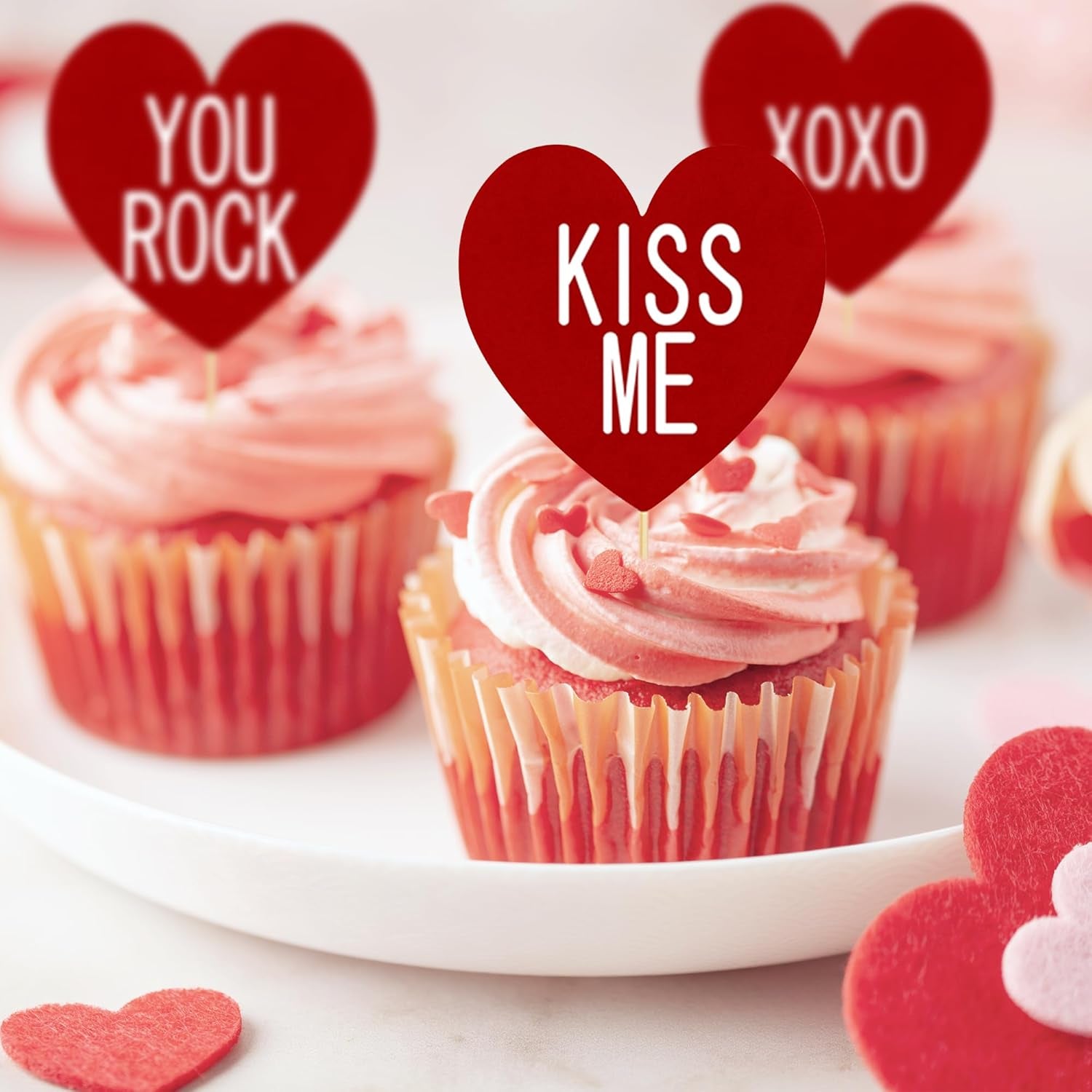 24 PCS Valentines Cupcake Toppers, 4.53 in Conversation Red Cake Toppers, "LOVE" "KISS ME" Design Heart Cupcake Toppers Valentines Day Cake Toppers, Wedding Cake Decor Valentine Cupcake Decorations