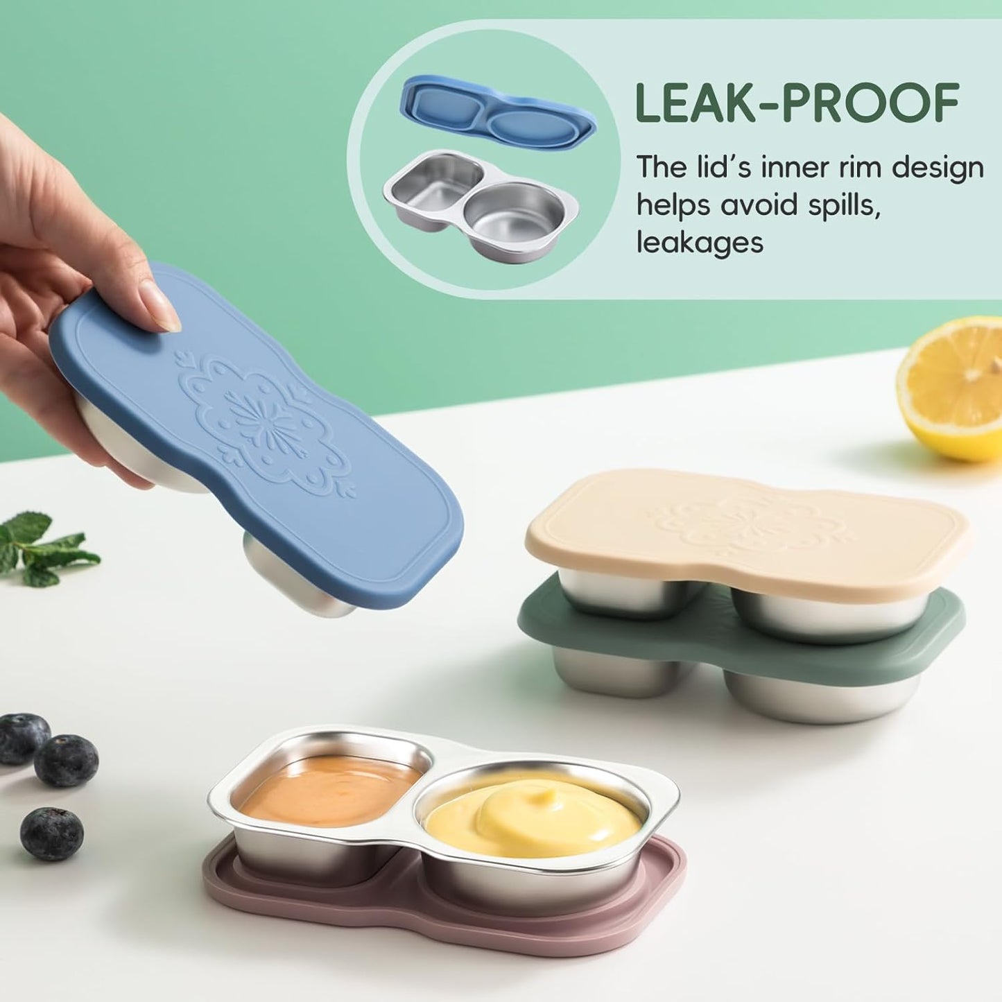 2 Pack Stainless Steel 2-Compartment Small Snack Containers with Lids, Reusable Snack Pack Containers, Lunch Box Accessories,Double Compartment Salad Dressing Containers to Go, 5.3Oz