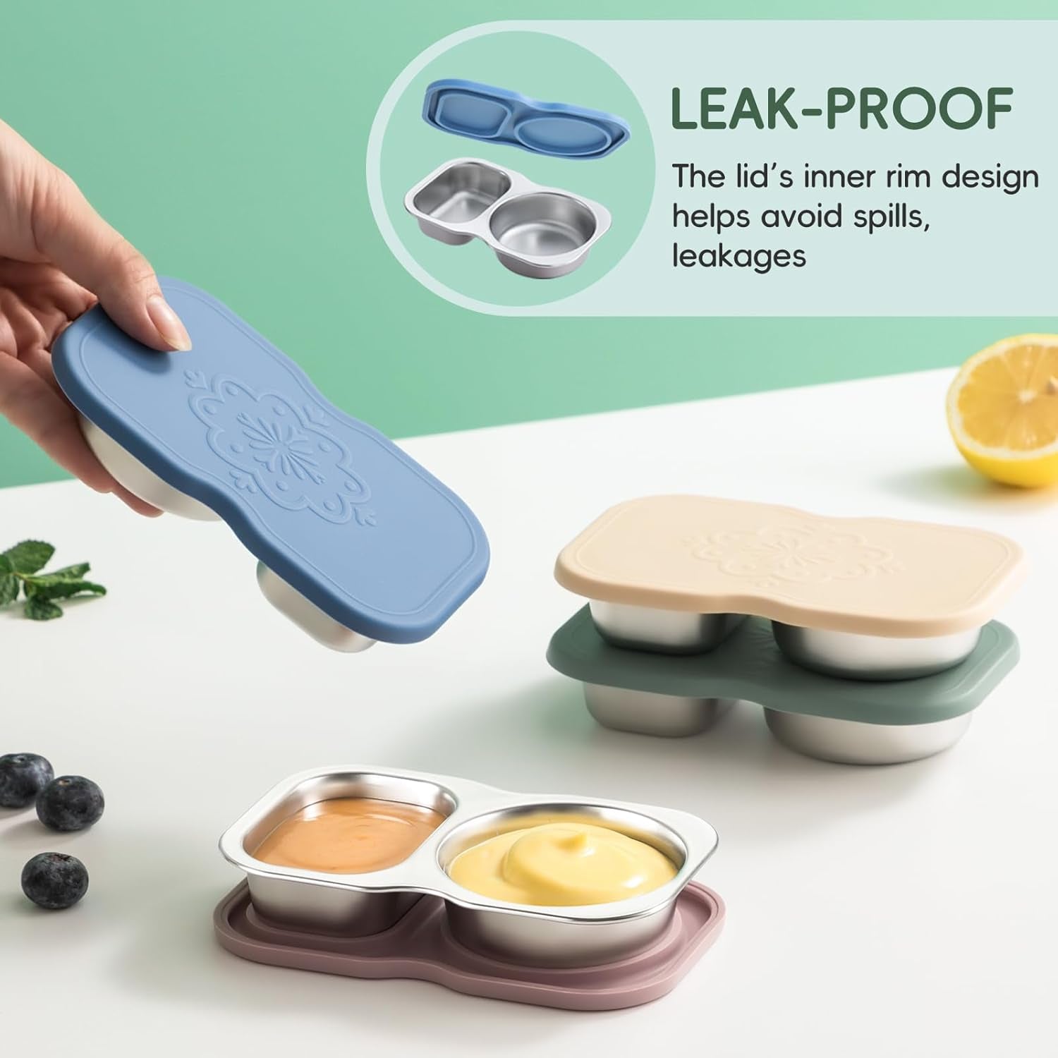 2 Pack Stainless Steel 2-Compartment Small Snack Containers with Lids, Reusable Snack Pack Containers, Lunch Box Accessories,Double Compartment Salad Dressing Containers to Go, 5.3Oz