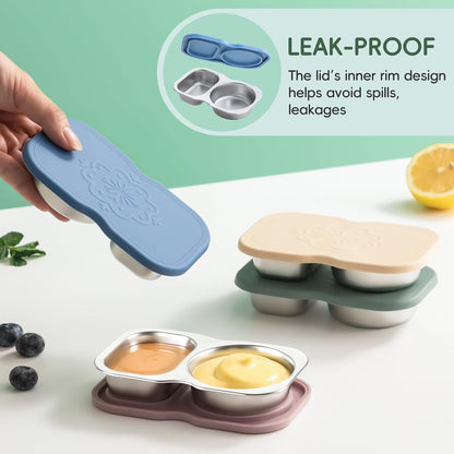 2 Pack Stainless Steel 2-Compartment Small Snack Containers with Lids, Reusable Snack Pack Containers, Lunch Box Accessories,Double Compartment Salad Dressing Containers to Go, 5.3Oz