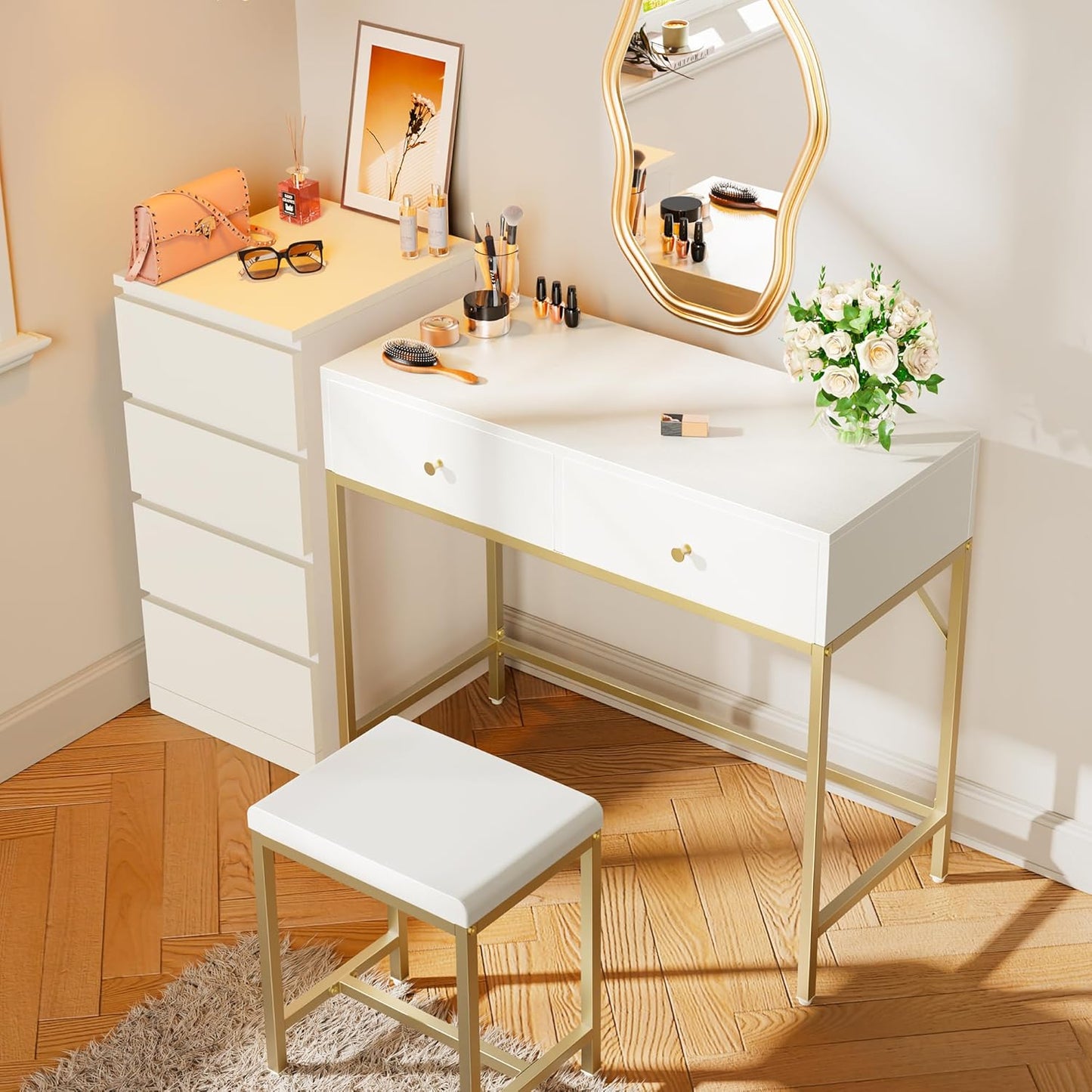 35.4" White and Gold Modern Desk with Two Drawers, Makeup Vanity Set with Padded Stool, Compact Home Office Writing Desk for Study and Bedroom