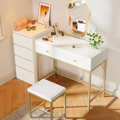 35.4" White and Gold Modern Desk with Two Drawers, Makeup Vanity Set with Padded Stool, Compact Home Office Writing Desk for Study and Bedroom