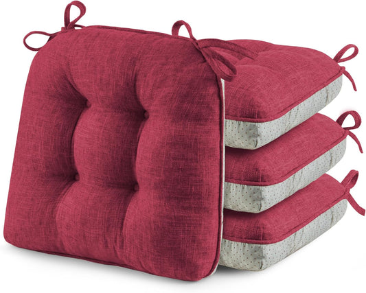 ® Chair Cushions for Dining Chairs, Tufted Memory Foam Chair Pads with Non-Slip Backing, Kitchen Seat Cushions with Ties, Washable Pads Set of 4, 15.5" X 15.5" X 4", Wine